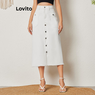 Lovito Conjunto de Saia Jeans com Frente com Botões e Zíper e Barra Crua Lisa Casual para Mulheres LBL08349