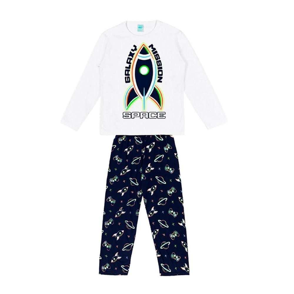 Pijama Menino Camiseta e Calça Foguete Brilha no Escuro - Kyly em Oferta na Shopee