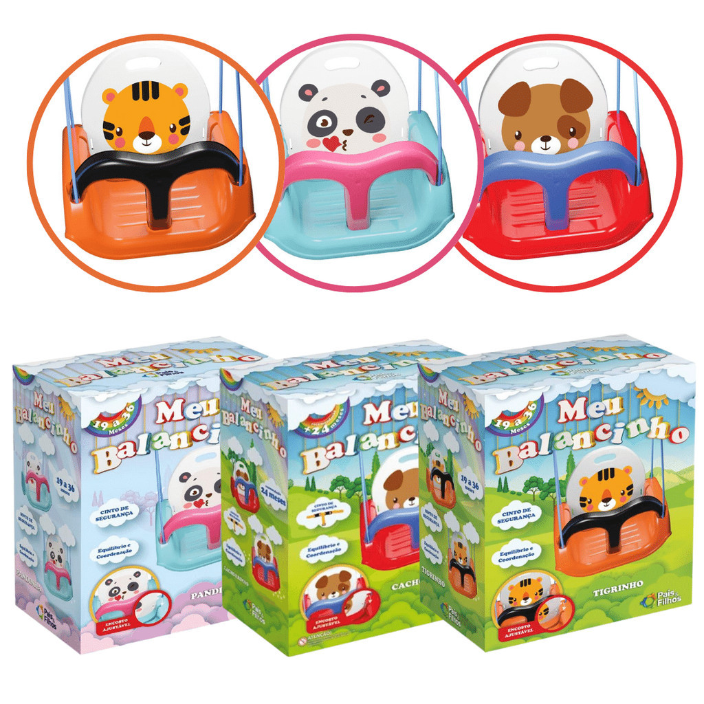 Balancinho Para Criança de Cachorrinho, Tigre e Panda - Balanço Infantil Encosto Regulável até 30kg