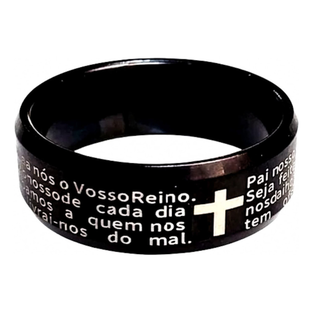 Anel Cristão Anatómico Preto Oracao Pai Nosso Reza 6mm Luxo