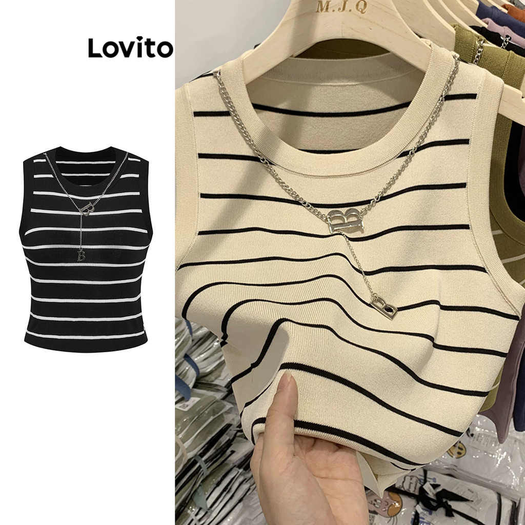 Lovito Top Casual Listrado Sem Mangas Com Gola Redonda, Regata De Verão/Primavera Para Mulheres LNA07011 - Women Clothes