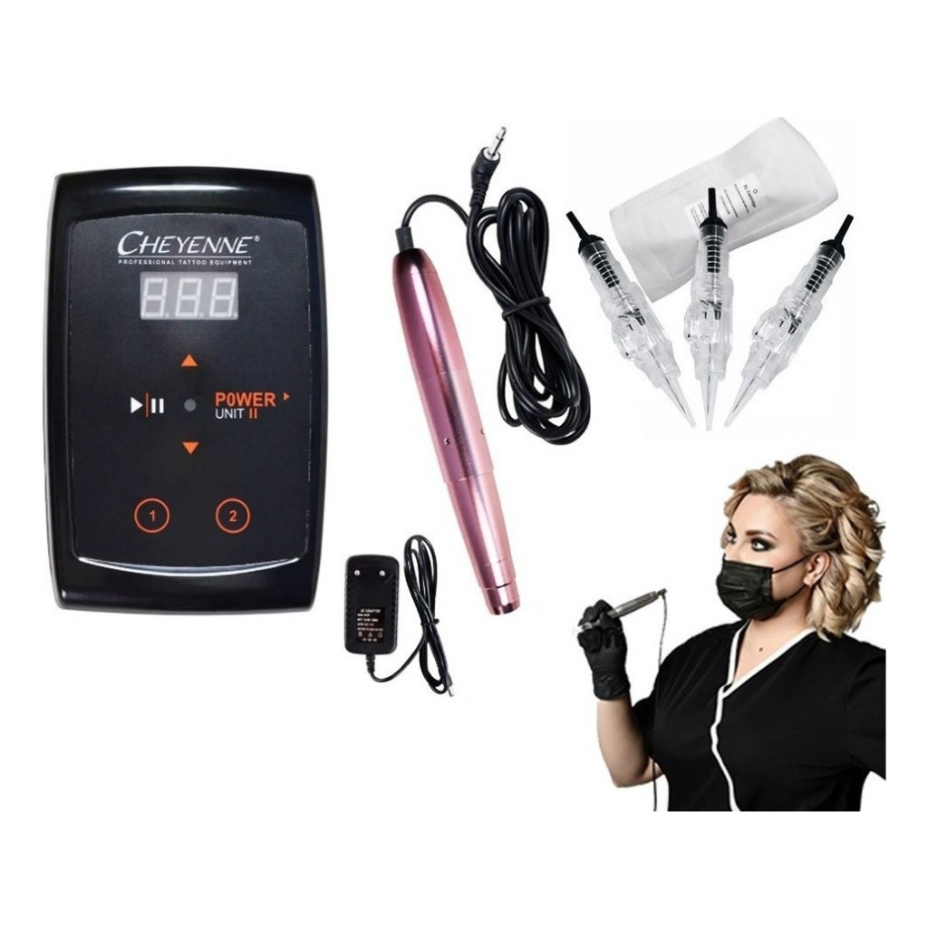 Kit Dermografo Cheyenne Profissional Completo Acompanha 15 Agulhas Easy Click, Batoque, Estojo Ideal