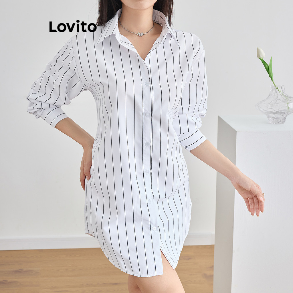 Detalhes do (Trendy) Lovito Vestido casual listrado com botões para mulheres L118ED247