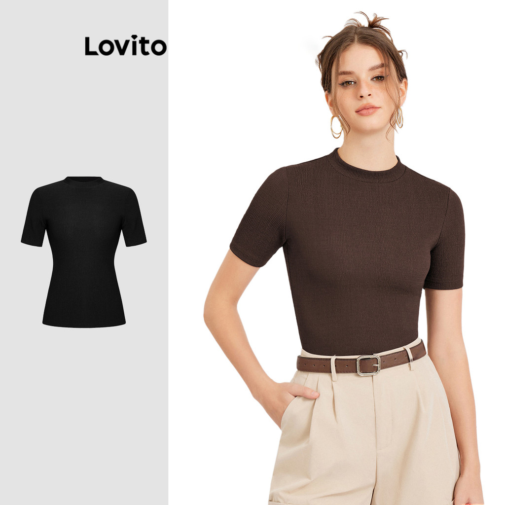 (Muitas cores)Lovito Camiseta Casual Lisa Com Colarinho Reto L30ED021 (Marrom) - Women Clothes