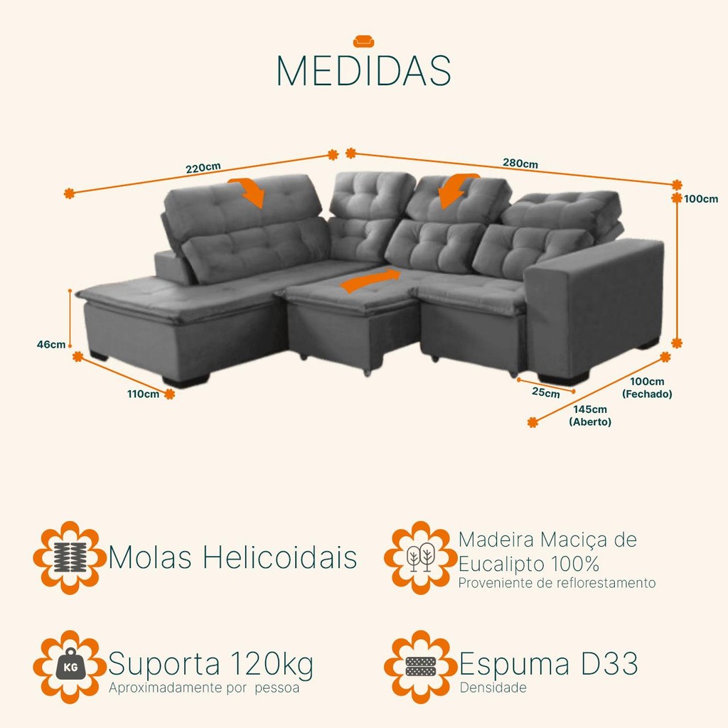 Sofá de Canto Berlim Retrátil/Reclinável 6 Lugares Cinza Pillow Top c/molas bonnel 2,20x2,80 - Sofá Casa · foto 2