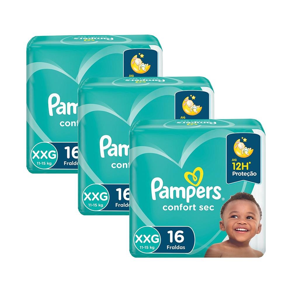 Kit 3 Fraldas Pampers Confort Sec Pacotão XXG com 16un cada