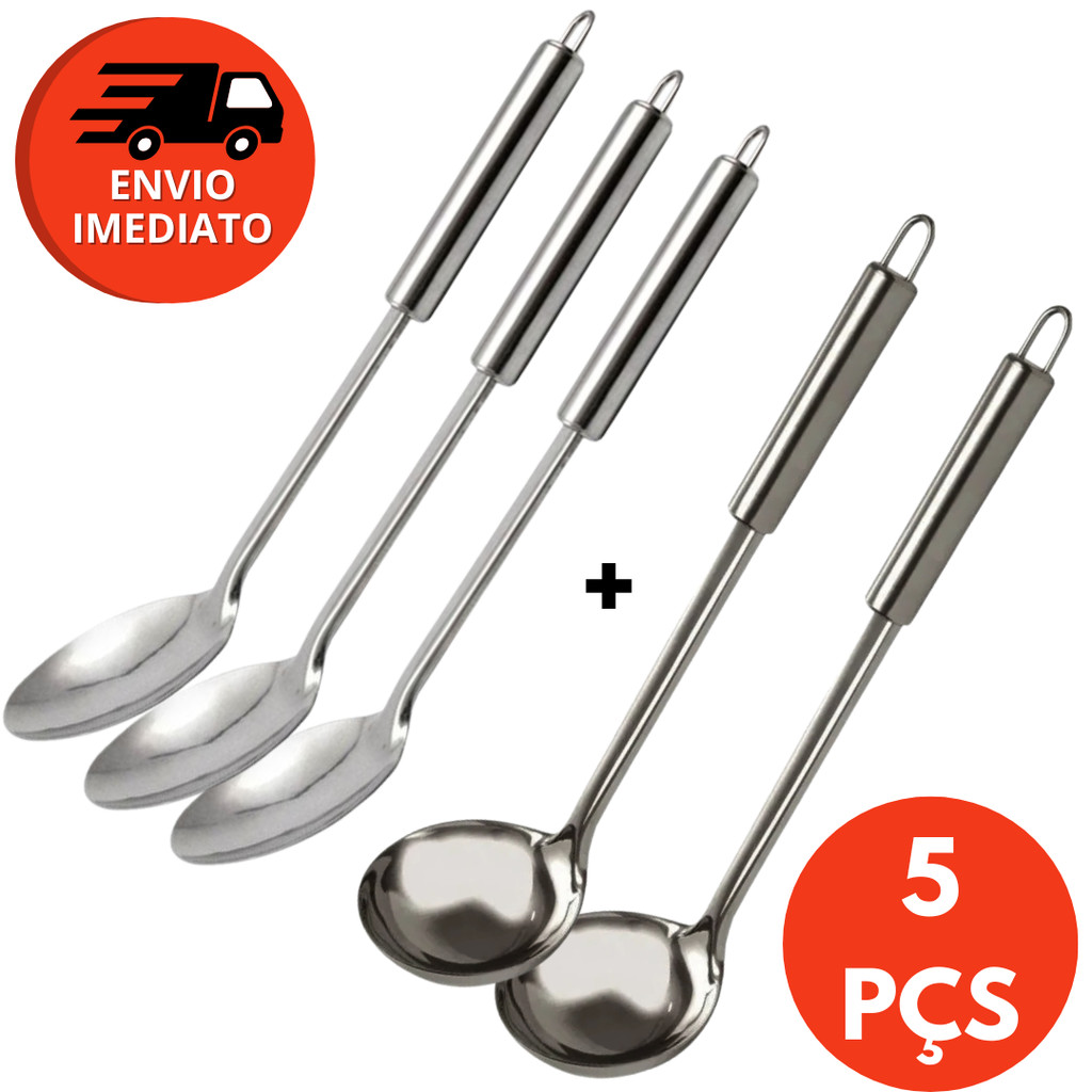 Kit 5 Pçs Colher De Arroz  E Concha Para Feijão Caldos Molhos Utensílio Cozinha Inox Bar Restaurante