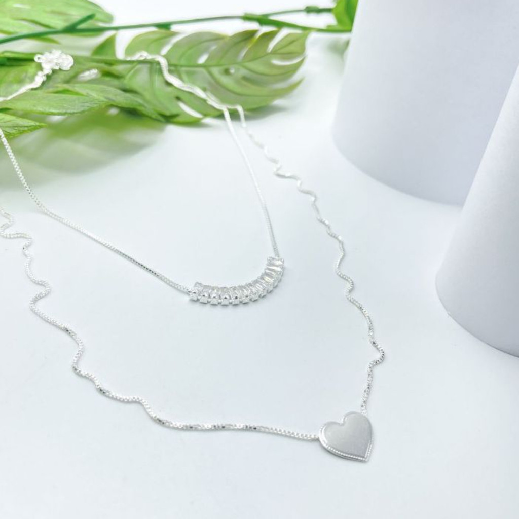 Colar Duplo Cristal Riviera Baguete e Colar Pingente Coração  Banhado a Ouro18k a prata 925