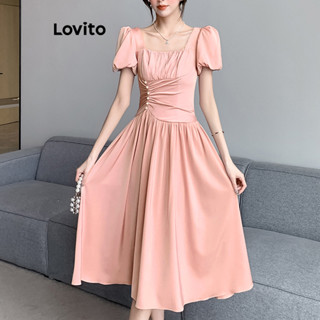 Lovito Vestido Elegante Plissado Com Pérolas Lisas Para Mulheres LNL35082 (Rosa)