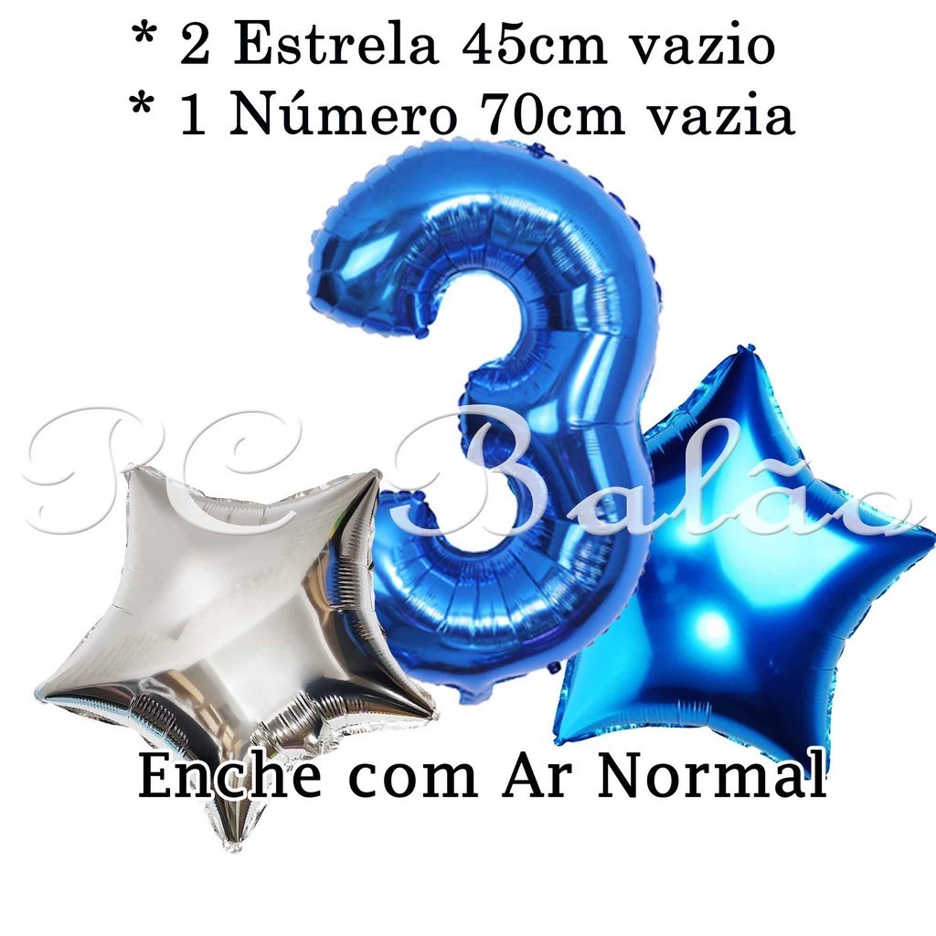 Kit 3 Balão Metalizado 1 Número 70cm AZUL ROYAL + 2 Estrela 45cm (1 AZUL ROYAL  1 PRATA)