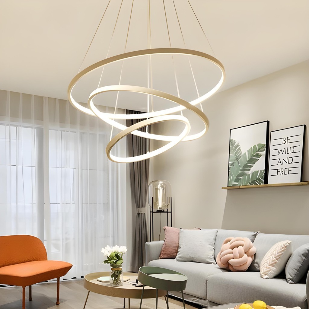 Luminária Lustre Pendente De Teto Moderno Led Orbital 3 Anéis Arcos Dourado Com Cordas Ajustáveis