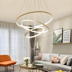 Luminária Lustre Pendente De Teto Moderno Led Orbital 3 Anéis Arcos Dourado Com Cordas Ajustáveis