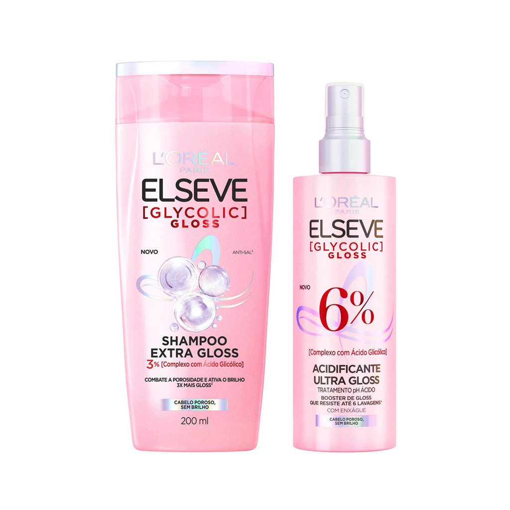 KIT ELSEVE GLYCOLIC GLOSS SHAMPOO + ACIDIFICANTE LORÉAL PARIS em Oferta na Shopee