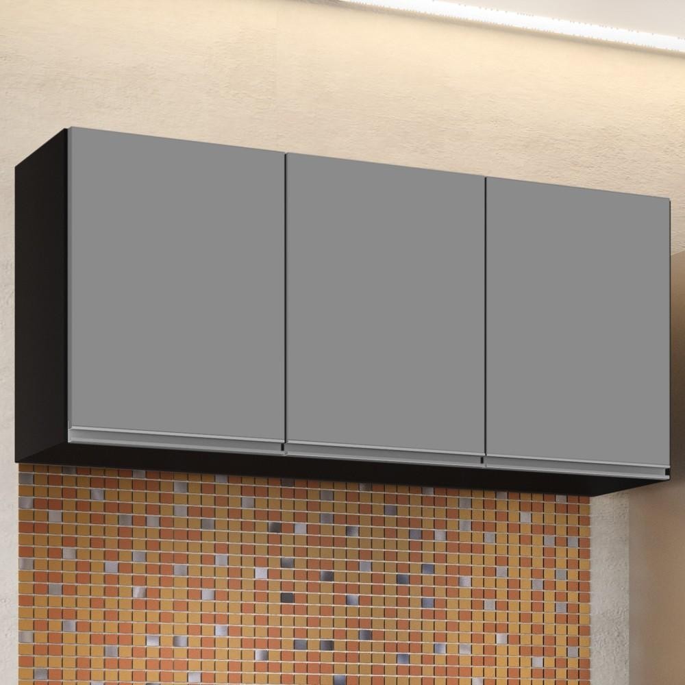 Armário Aéreo de Cozinha 120cm 3 Portas Virgínia Preto/Cinza - Lumil - Home & Living