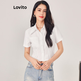 Lovito Casual Blusa Feminina Lisa Alinhada L71ED009 (Branco/Azul)