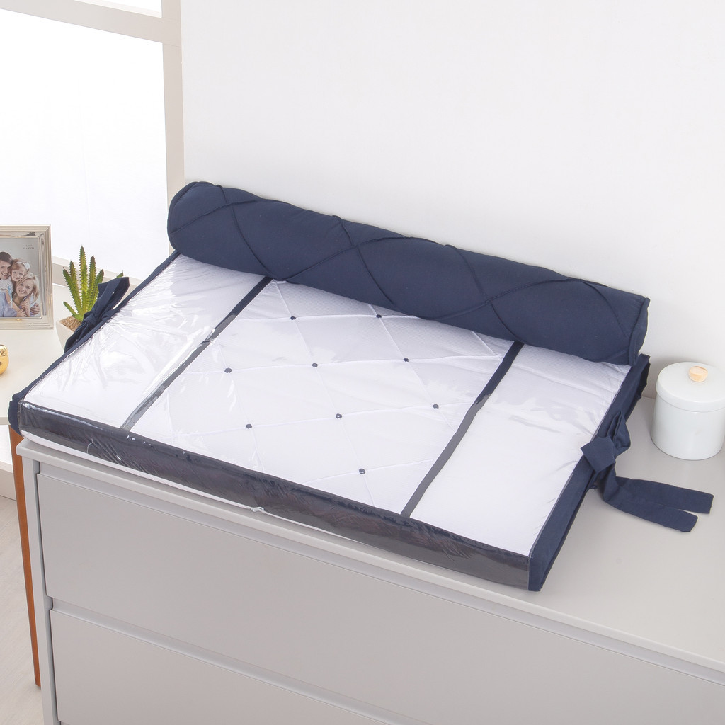 Kit Trocador Reto + Rolinho de Apoio Branco com Azul Marinho Meninos Trocador de Fraldas com Capa Plástica Impermeável
