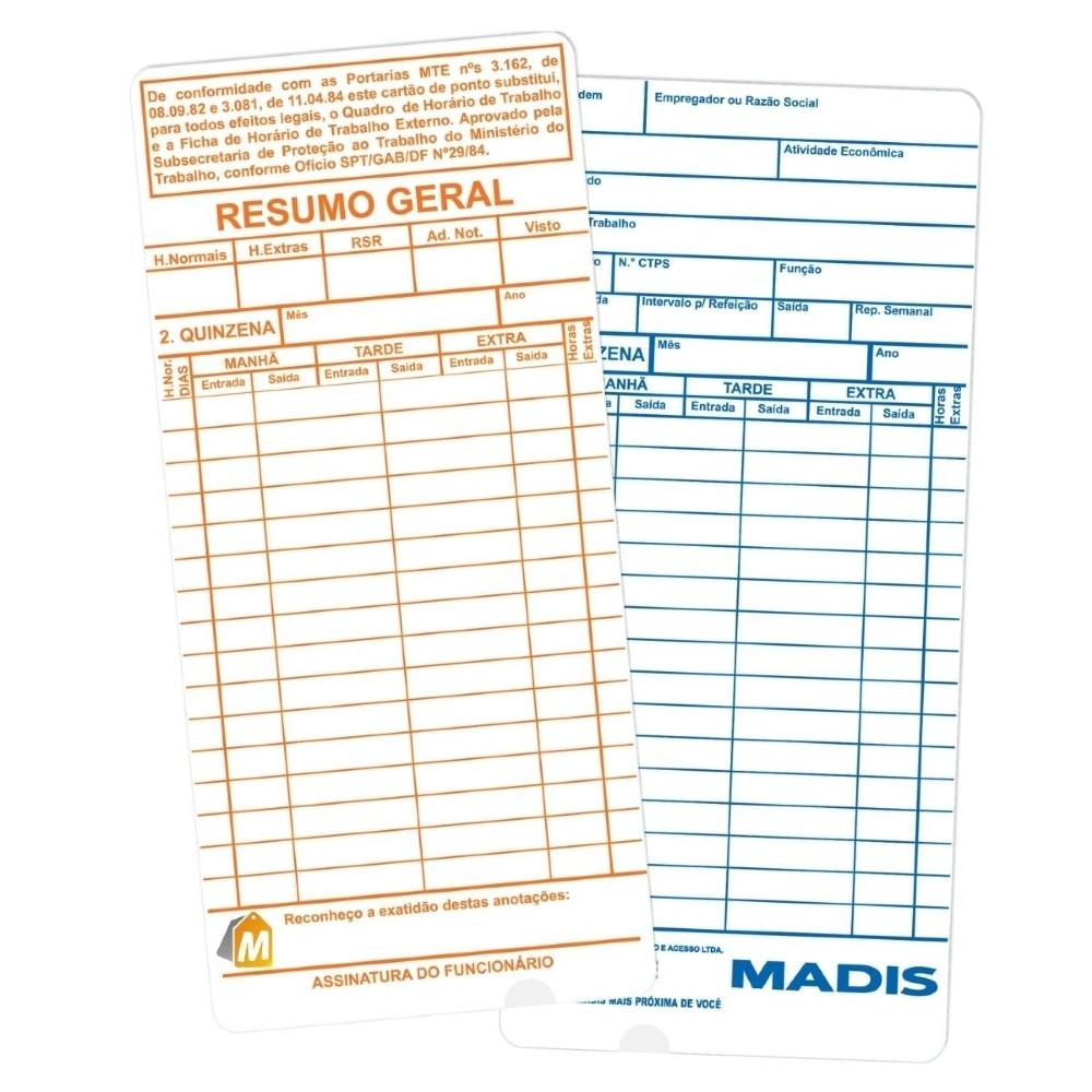 Cartão De Ponto (madis) Térmico Md 402 Pacote Com 500 Un Nfe