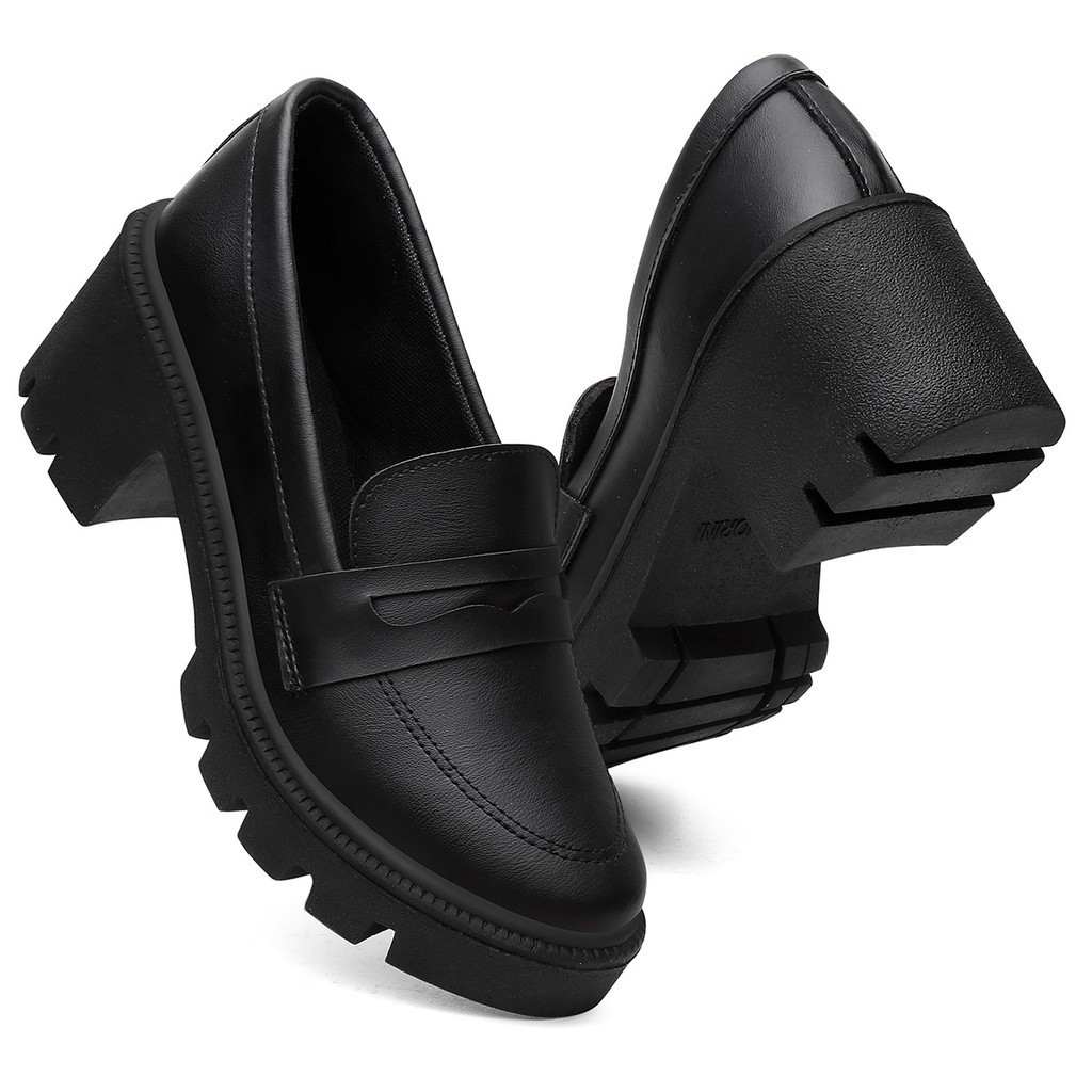 Mocassim Salto Médio Solado Borracha Confort Sapato Boneca oxford