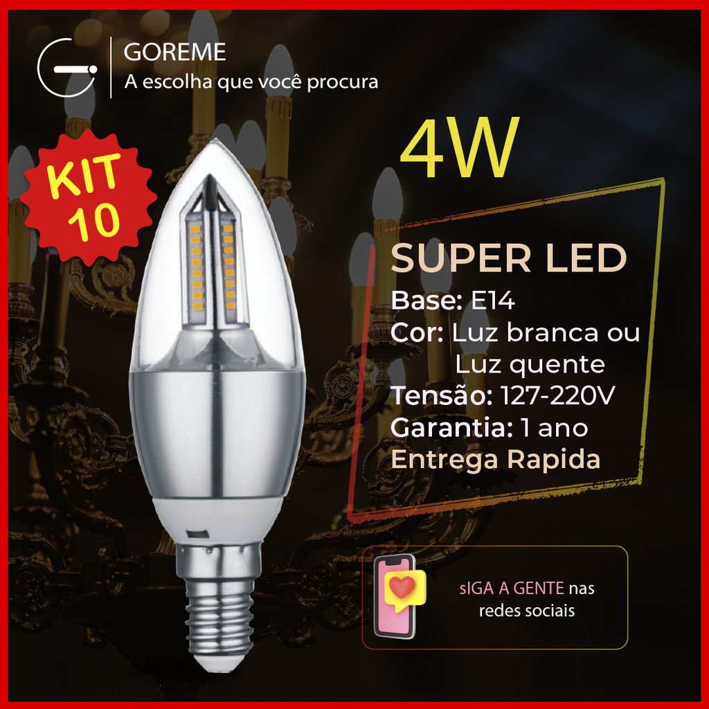 Kit 10 Lâmpadas Vela LED Lustre 4W E14 Pendente Moderno Branco Frio (6000K) ou Quente (3500K), Bivolt em Oferta na Shopee