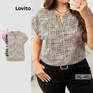 Lovito Casual Blusa Curva Plus Size Blusa Com Estampa Geométrica Para Mulheres LBL20211