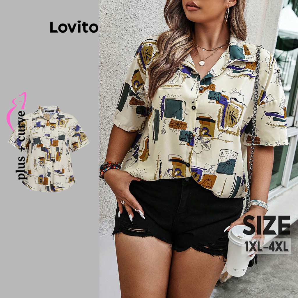 Lovito Blusa Curva Plus Size Casual Pintada À Mão Com Estampa De Verão/Primavera Para Mulheres LBL20297 em Oferta na Shopee