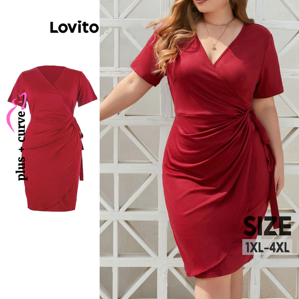 Lovito Curvas Plus Size Elegante Vestido Feminino Transpassado Simples LNL37033 (Verde/Borgonha/Preto)