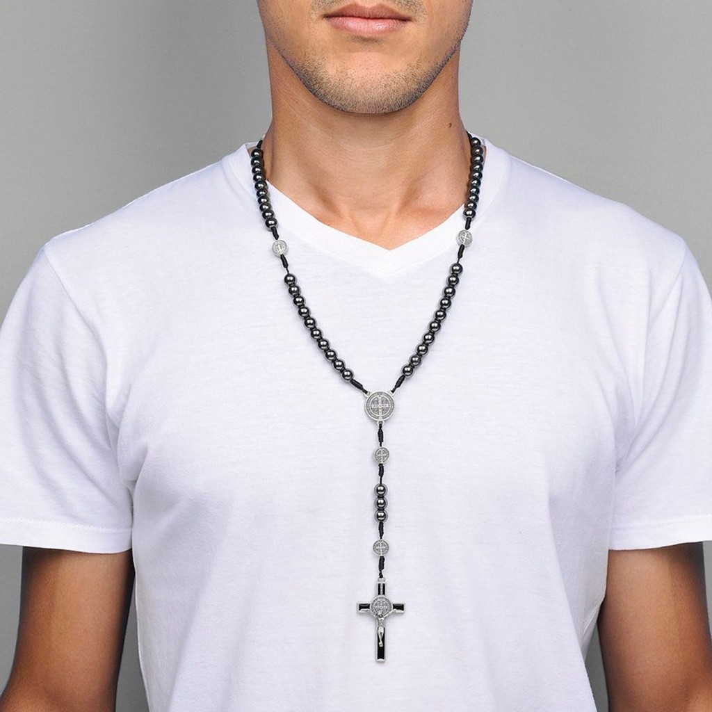 Terço Masculino Rosário São Bento De Pedras Hematitas Colar