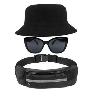 Kit Chapéu Bucket Hat, Pochete Ajustável Impermeável E Óculos de Sol Gateado Feminino Armação Translúcido MD-35