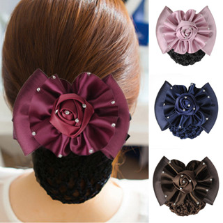 1PC Flor De Rosa Satin Rose Rhinestone Clip Acessórios Para De Cabelo Crochê Rede Bun Cover Grande Arco Barrette Bowknot Snood Hairgrips Cor Sólida Feita A Mão
