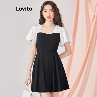 Lovito Casual Vestido Feminino de Patchwork Drapeado com Pérolas L70AD086 (Preto)
