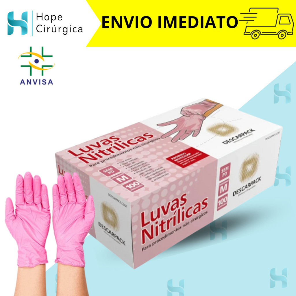 Luva Nitrílica Powder Free Rosa Descarpack com 100 Unidades