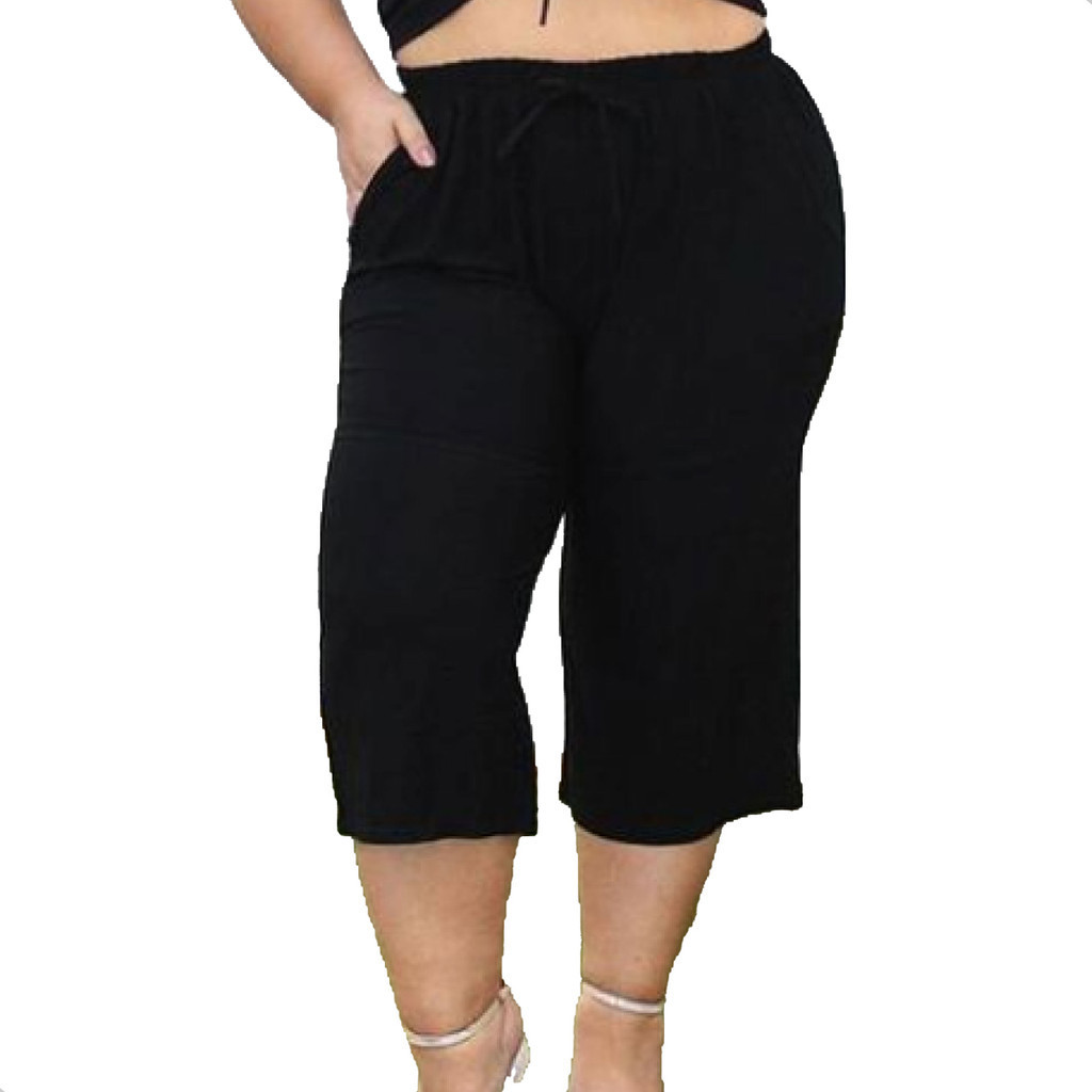 Calça Feminina Pantacourt Lisa Plus Size Wide Com Bolsos
