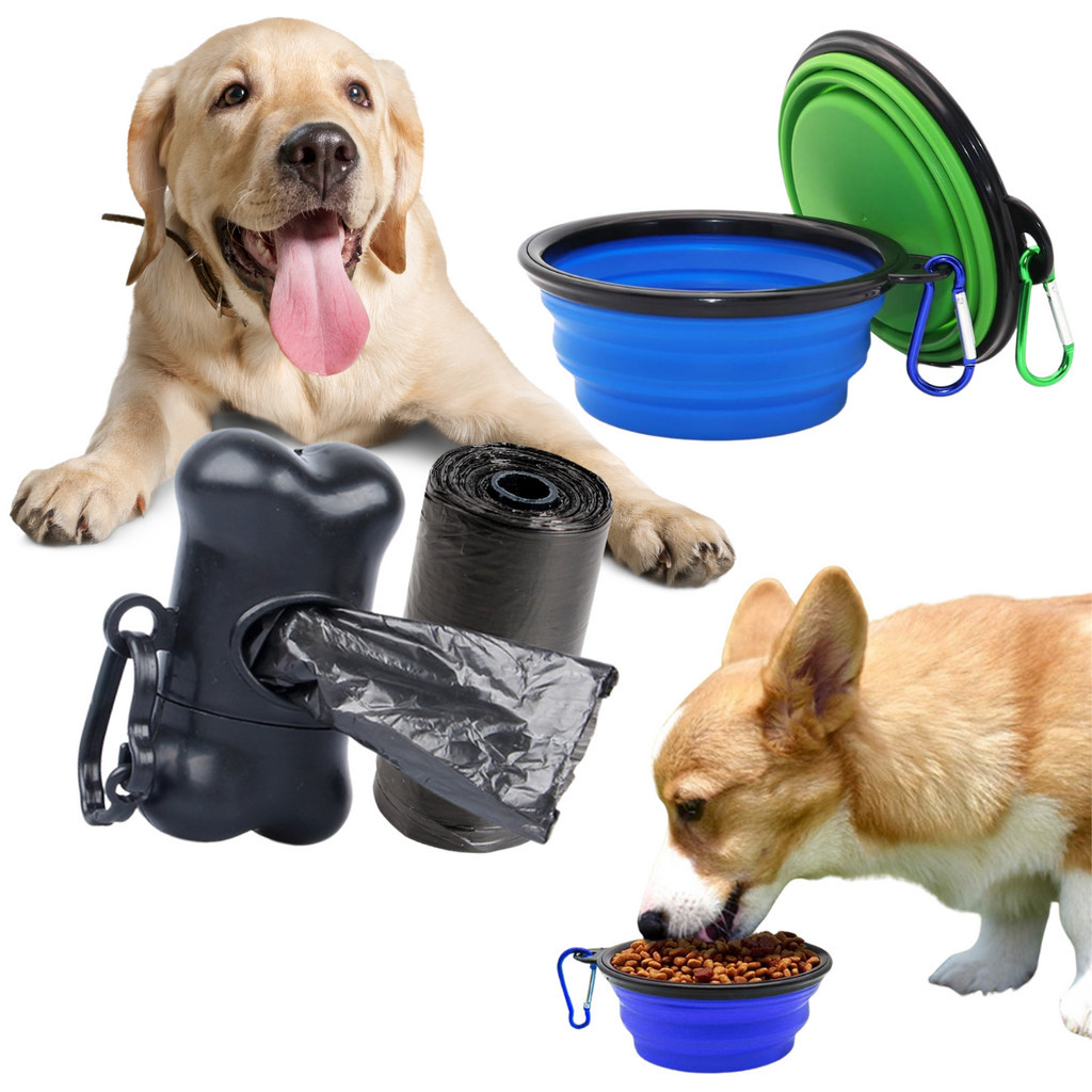 Kit Pet Suporte Cata Caca C/ 30 Saquinhos + Comedouro Dobrável Bebedouro Portátil