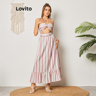 Lovito Boho Vestido Feminino Listrado com Recorte e Costas Abertas LBL08359