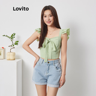 Lovito Boho Regata com Laço e Babado para Mulheres L74ED141 (Alperce/Verde)