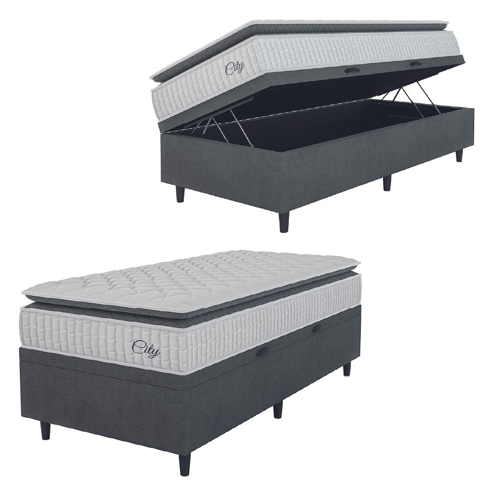Cama Box Baú Colchão Solteiro Molas Ensacadas City Pillow Top 88x188x64cm Branco / Cinza Hellen em Oferta na Shopee