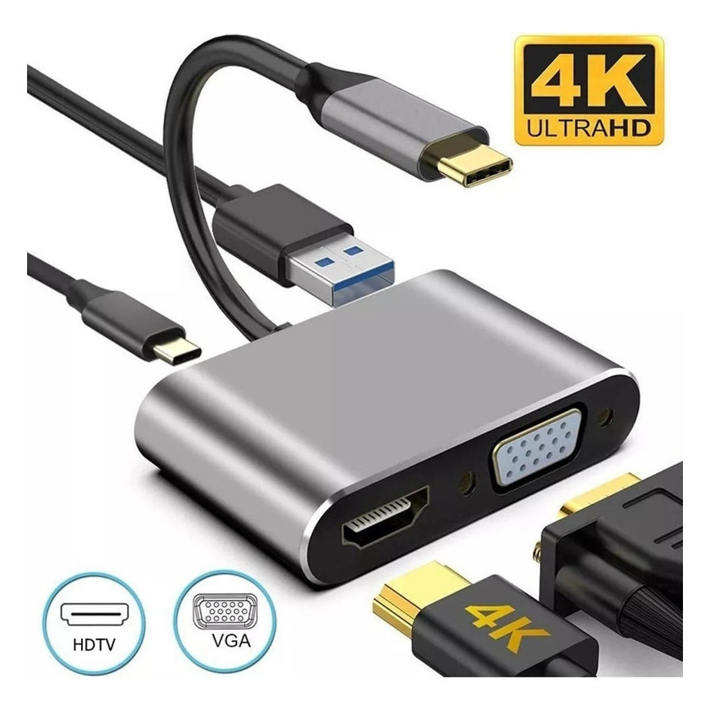 Hub Usb Tipo C 4 Em 1 Usb 3.0 Thunderbolt Hdmi Vga Pd Power