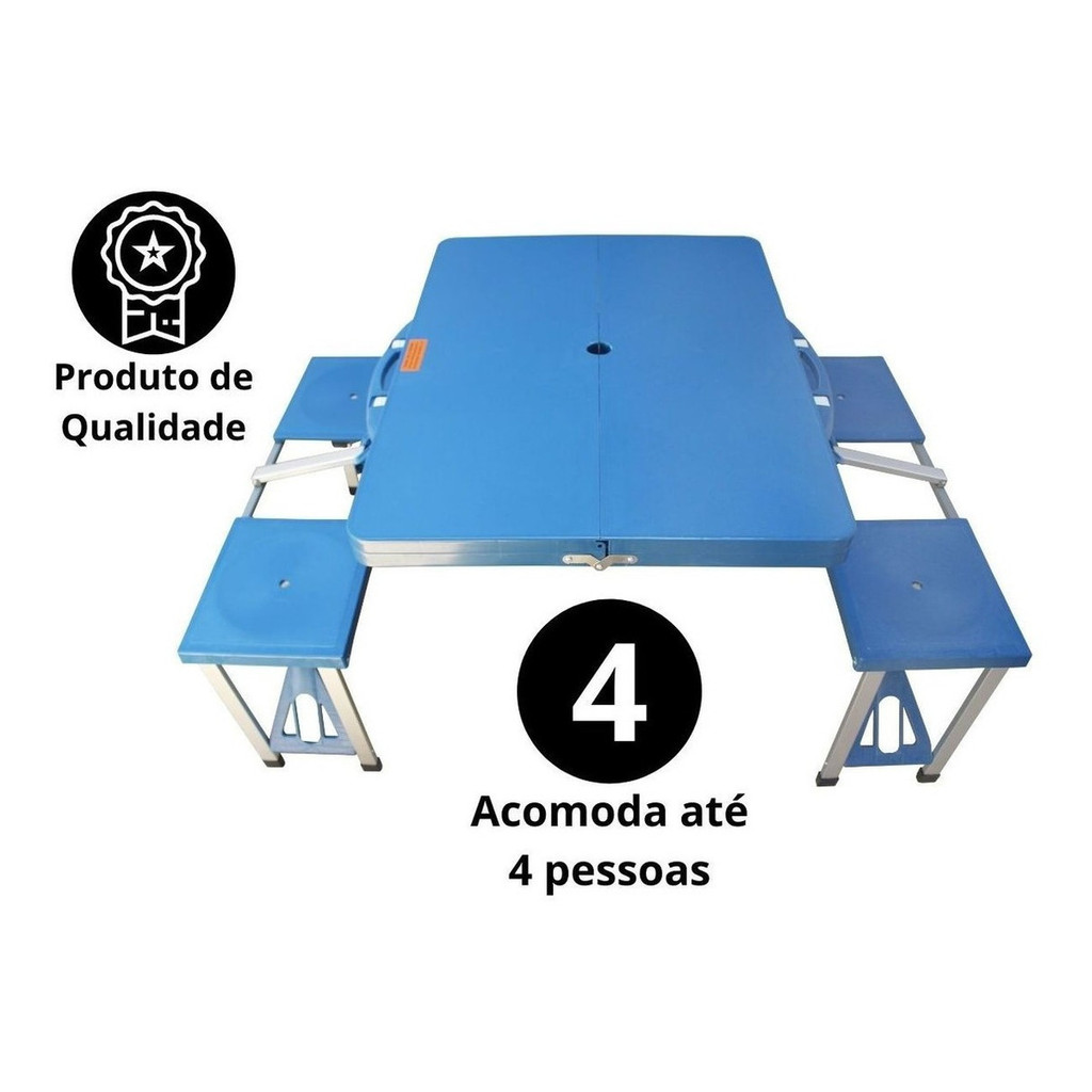 Detalhes do Mesa Camping Praia Dobrável C/ 4 Bancos Alumínio Vira Maleta