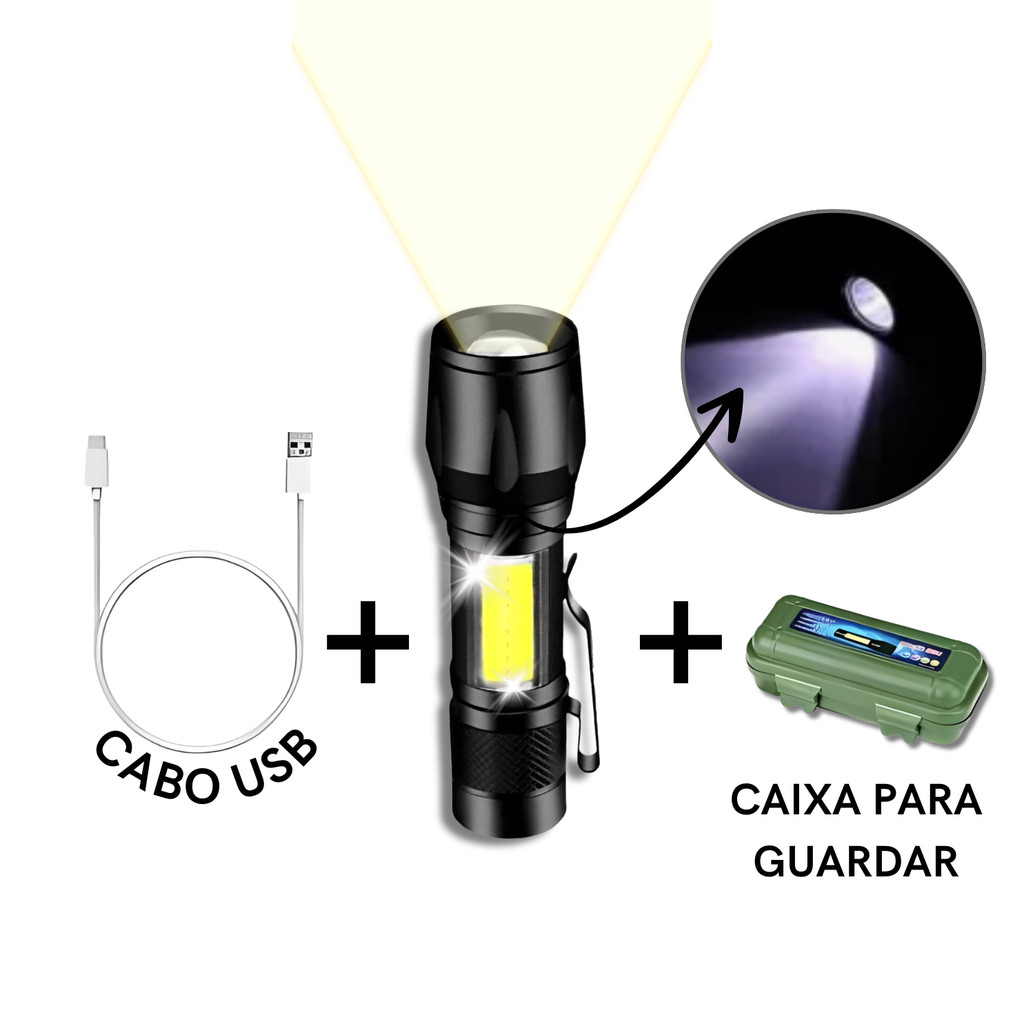 Mini Lanterna Tática Led E Zoom Recarregável USB clip para cinto com case