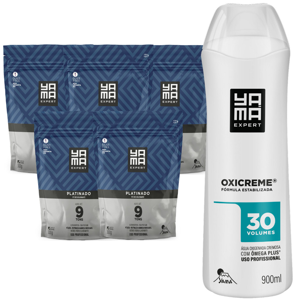 Kit 5 Pó Descolorante Platinado + Oxigenada 30 Volumes 900ml Grande Profissional 8 Tons Yama 300g