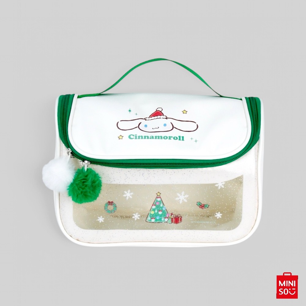 Necessaire de Viagem Sanrio Cinnamoroll Natal Miniso – 2 Divisórias com Zíper e Gancho Portátil