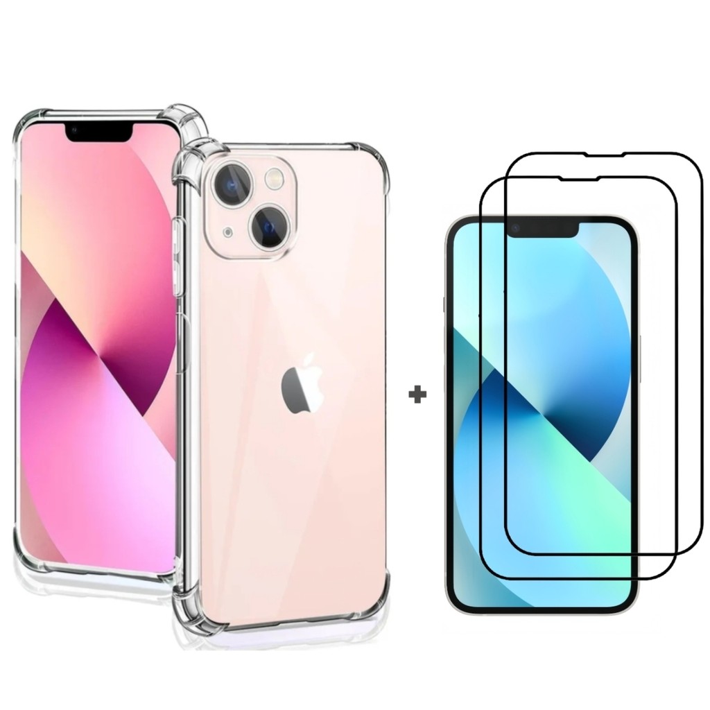 Kit 2 Película Vidro 3D + Capa Capinha Transparente IPhone 7/8 Plus X/Xs Xr 11 12 13 14 15 16 ProMax 17 Pro Max Air