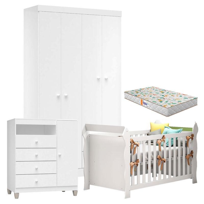 Quarto de Bebê 4 Portas Ternura Baby com Berço Lara Branco Brilho com Colchão Gazin - Incorplac