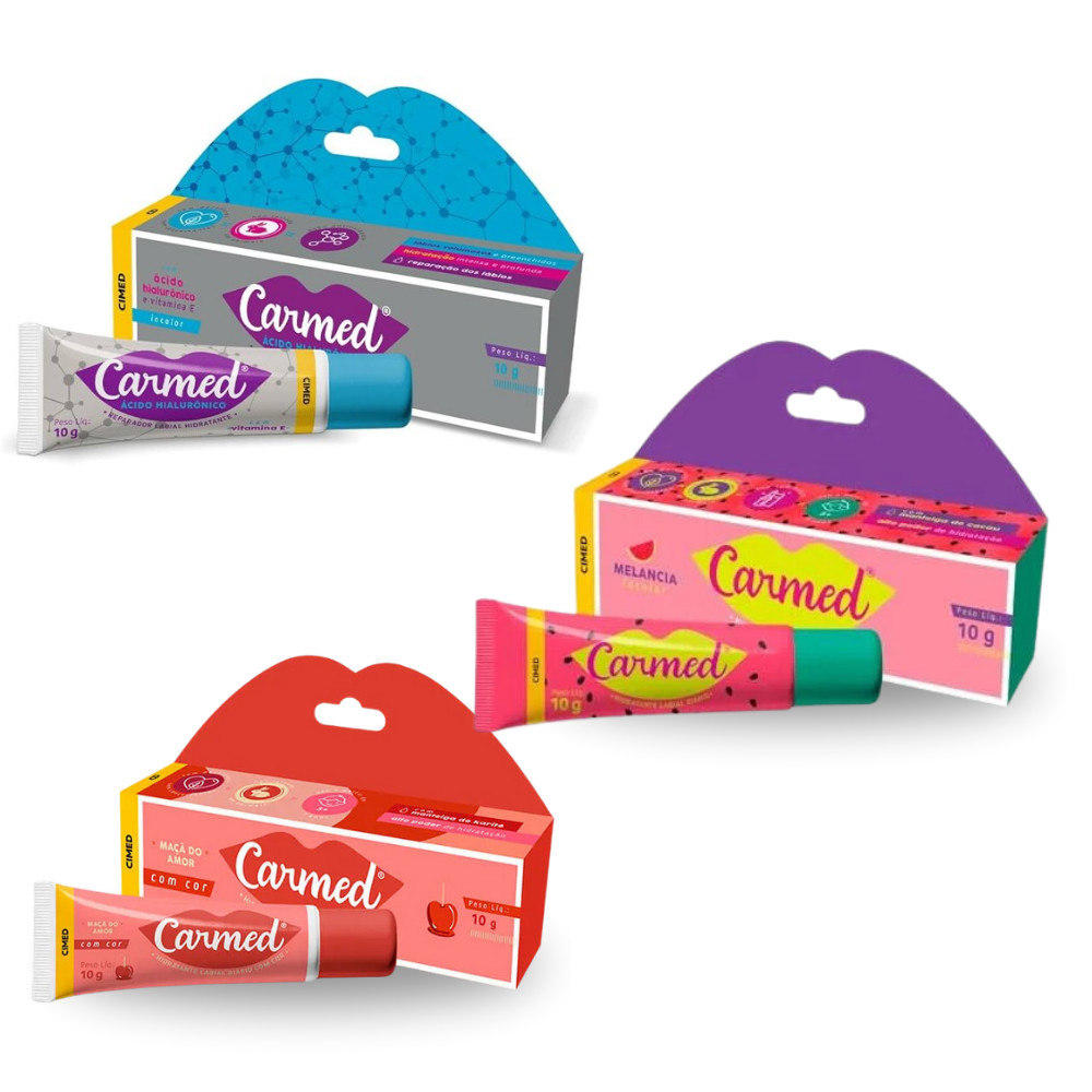 Carmed Ácido Hialurônico Maçã do Amor Melancia Hidratante Labial 10g Cimed Efeito Gloss Lábios Macios Incolor Vermelho
