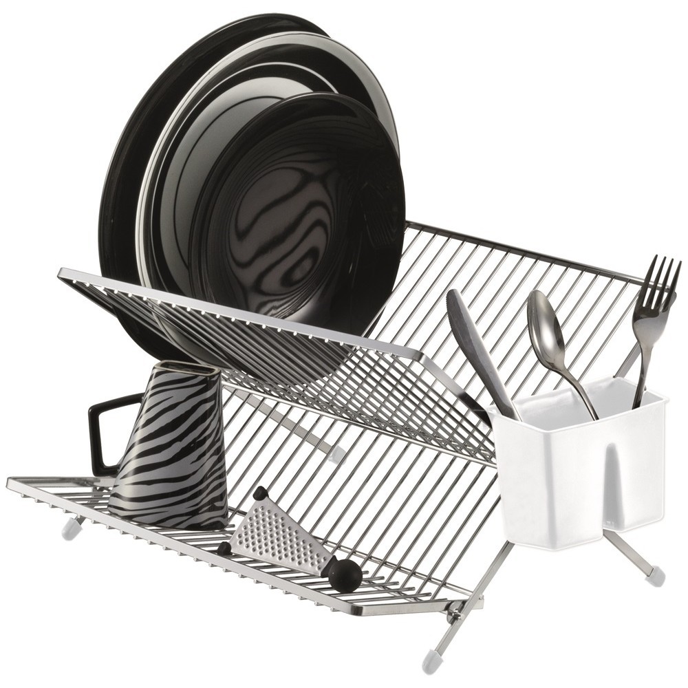 Escorredor de Louça em X Laminado Cromado 20 Pratos Porta Talher Plástico Organização Cozinha