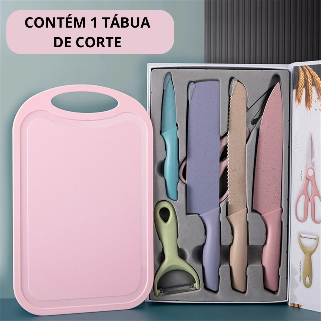 KIT Facas De Cozinha/Churrasco Profissional Antiaderente 6/7 Peças Com Tabua Preto/colorido