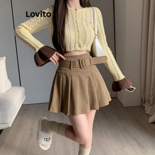 Lovito Saias Plissadas Lisas Casuais Para Mulheres LNE39372 (Cáqui/Preto)