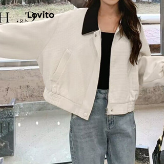 Lovito Casual Jaqueta Feminina Lisa Colorblock com Costura no Tecido LNE30227 (Off White)