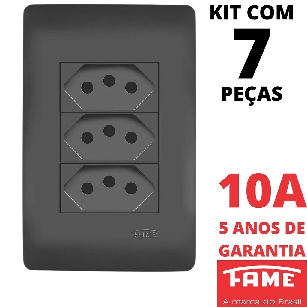 7un Tomada Padrão Tripla 2P+T 10A Com Placa Habitat Black Preto FAME