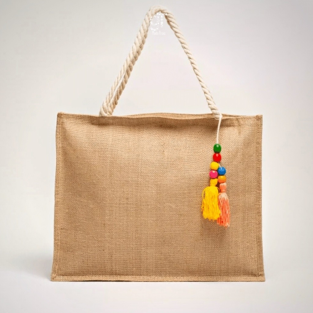 Bolsa de Praia de Palha de Juta Feminina com Chaveiro Sacola Ecobag bolsa ecológica resistente